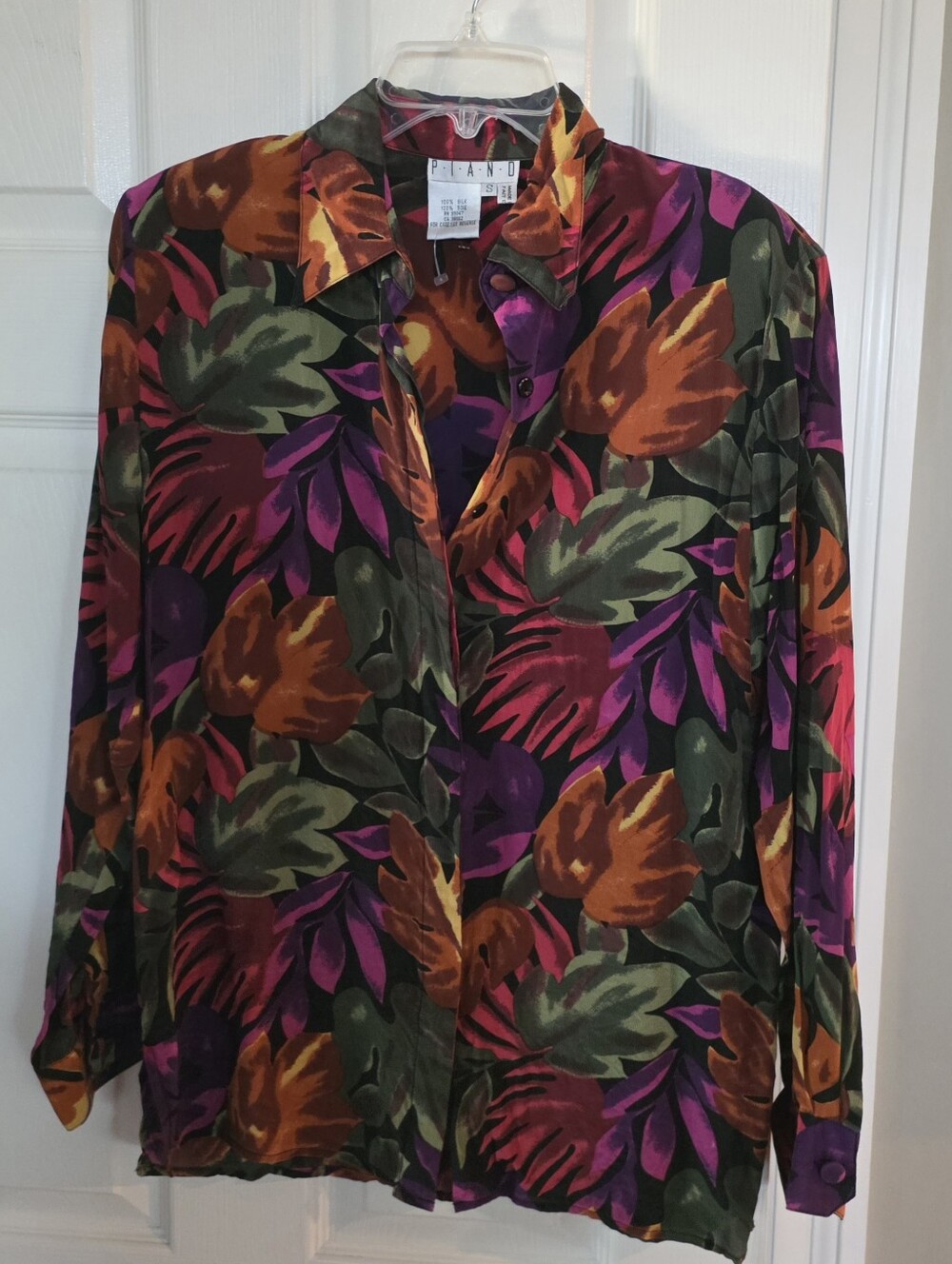 Vintage Piano Silk Multicolor Leaf Motif Button Long Sleeve Blouse S